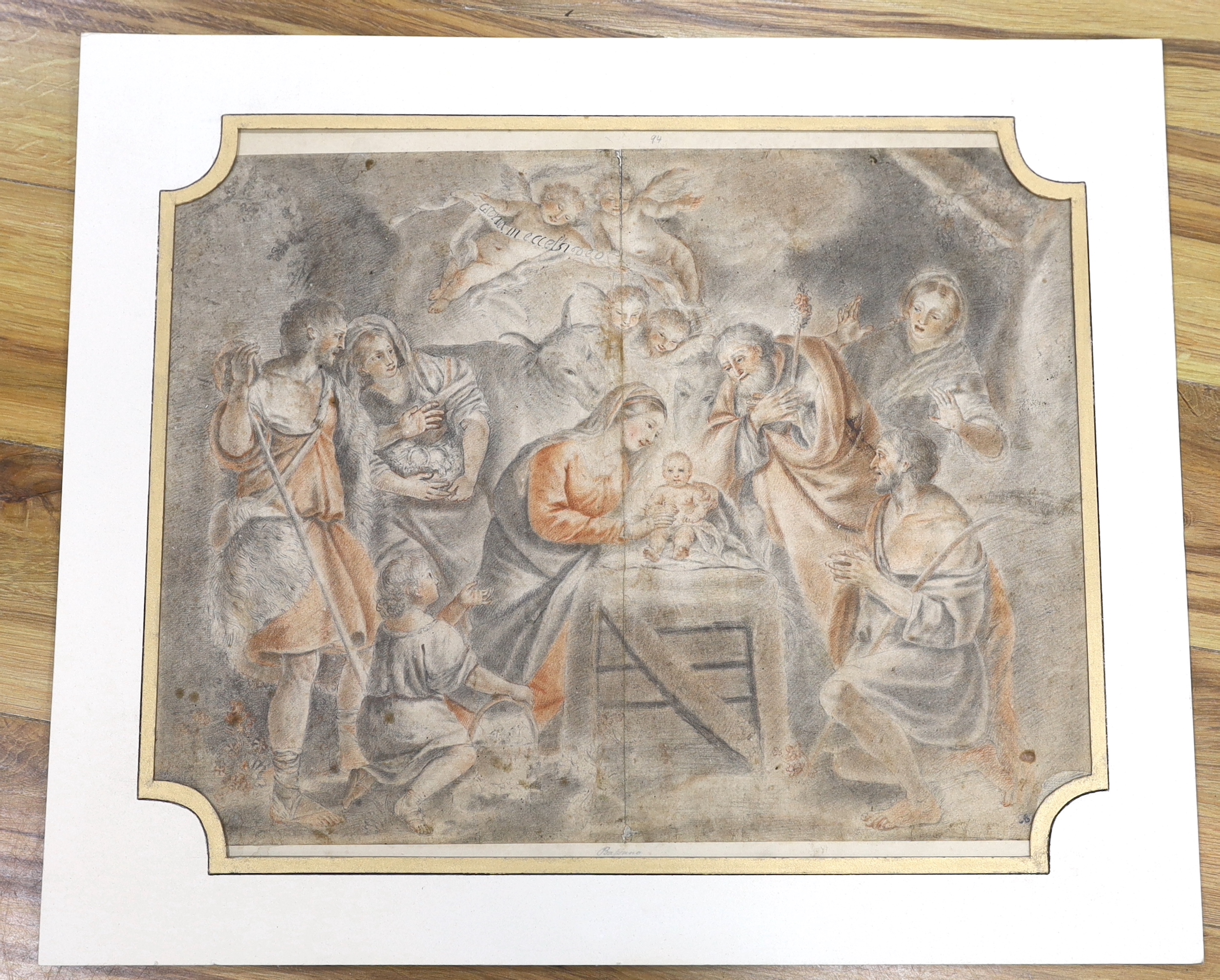 Manner of Jacopo Bassano (Italian, 1510-1592), old master, pencil and charcoal, ‘Nativity’, collectors stamp lower right, mounted, unframed, 44 x 54cm